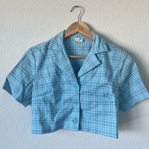John Galt Blue Plaid Knit Cropped Shirt
